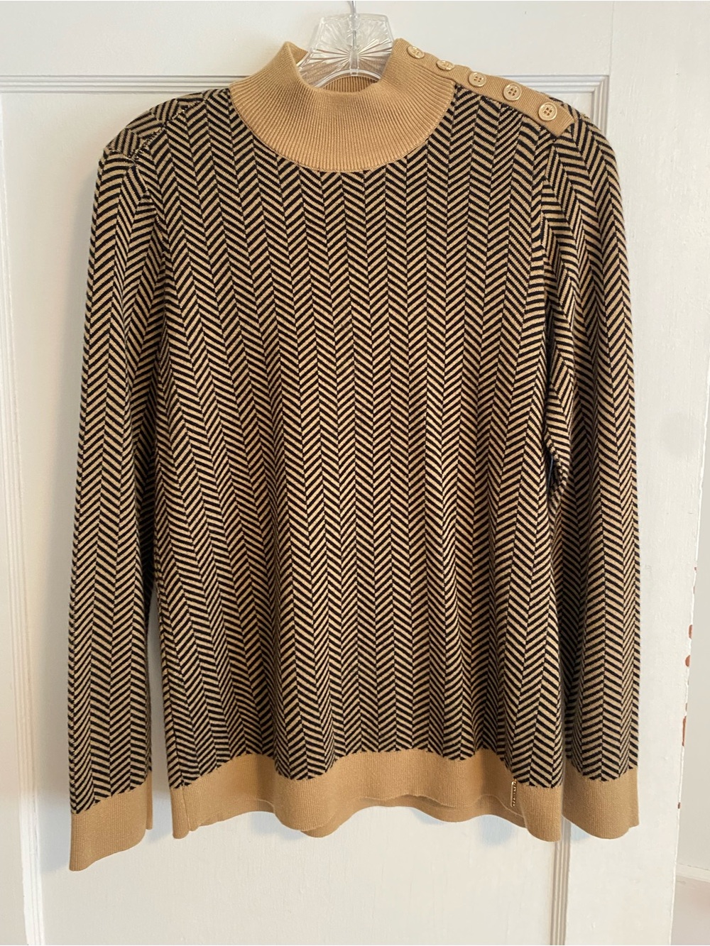 Calvin Klein Tan and Black Herringbone Turtleneck Sweater with Shoulder Buttons